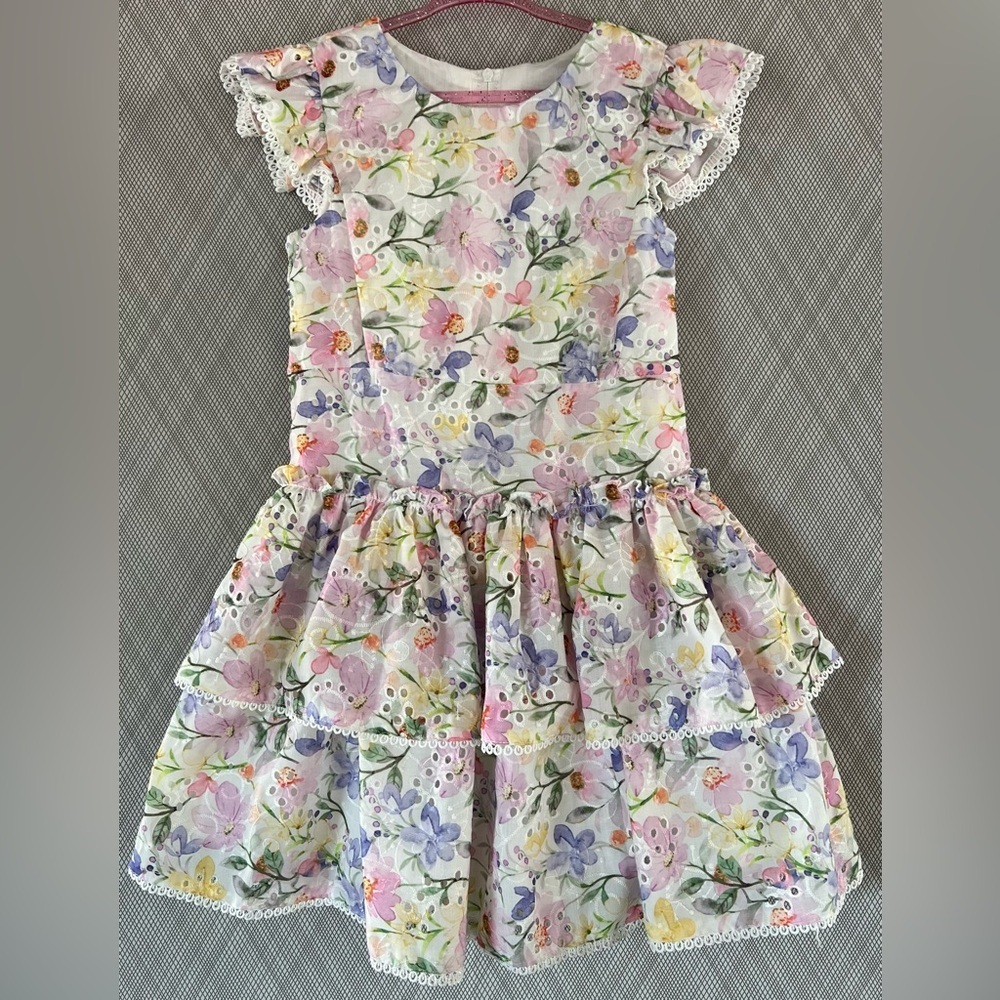 Rare Editions - Floral Eyelet Drop Waist Flutter sleeve Dress (Size 6)